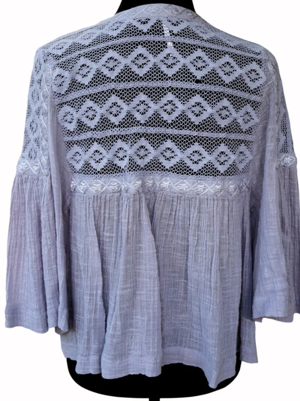 Free People Lavender Gauze Crochet Lace Boho Bell Sleeve Blouse Petite S/P